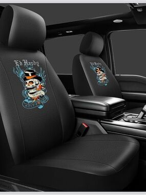 Ed Hardy Black Seat Covers with Blue and Orange Skull Graphic